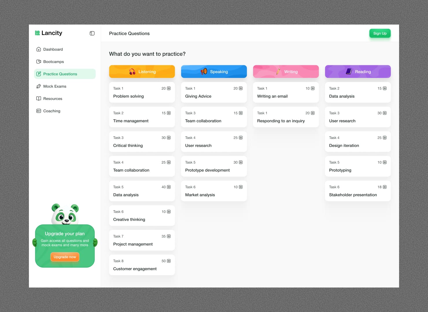 Lancity dashboard — stats strip (accuracy, tests taken, study hours, streak), quick action cards, upcoming bootcamp and coaching sessions, personalized AI recommendations, and recent activity feed
