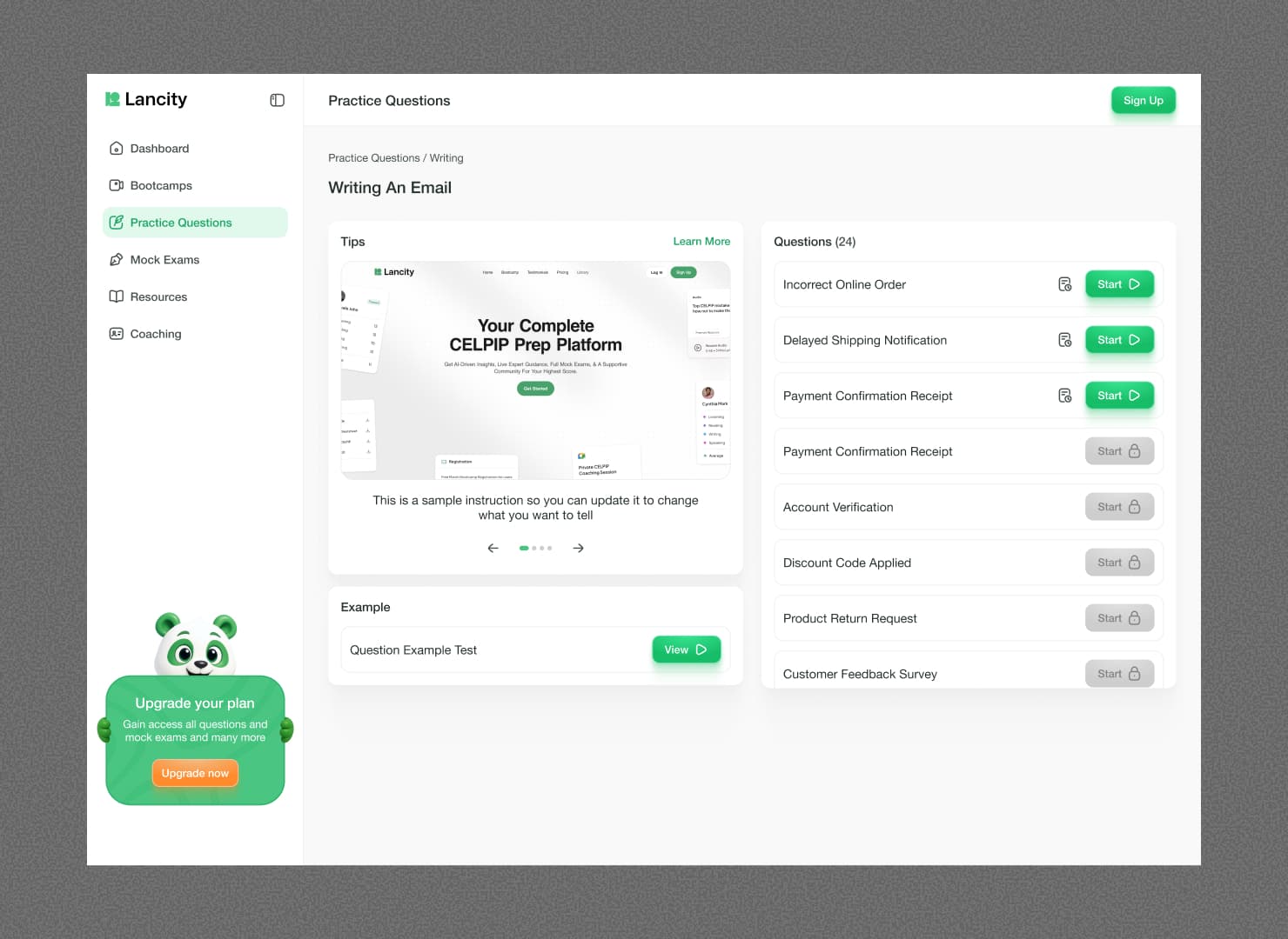 Lancity practice session — a CELPIP Reading comprehension passage on the left, multiple choice question and options on the right, with a timer and progress indicator in the header