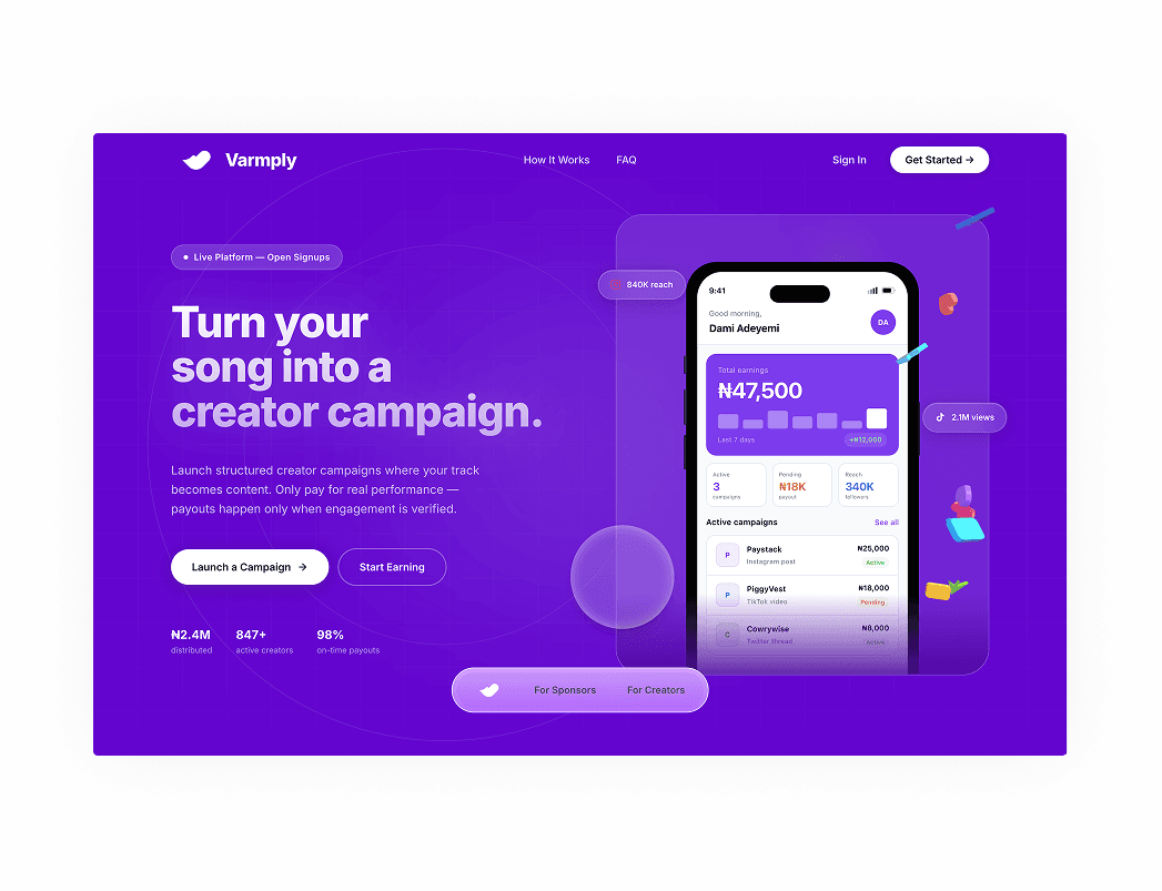 Varmply homepage hero — full-width light background with bold headline 'Designed for how campaigns actually work', a 3D abstract graphic filling the background, and a phone mockup on the right showing the creator dashboard with earnings stats