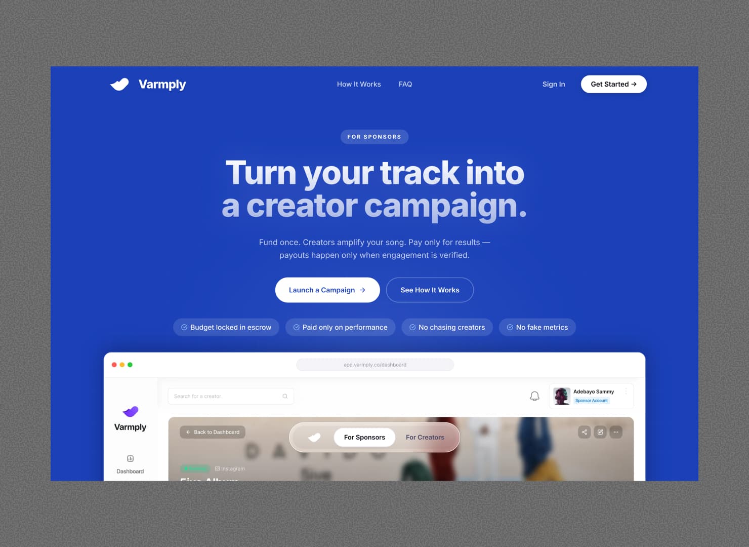 Varmply homepage — full-page view showing the white hero with 3D abstract background, followed by the bento editorial card grid with colour-coded campaign management, creator earnings, sponsor tools, requirements, and payment safety cards