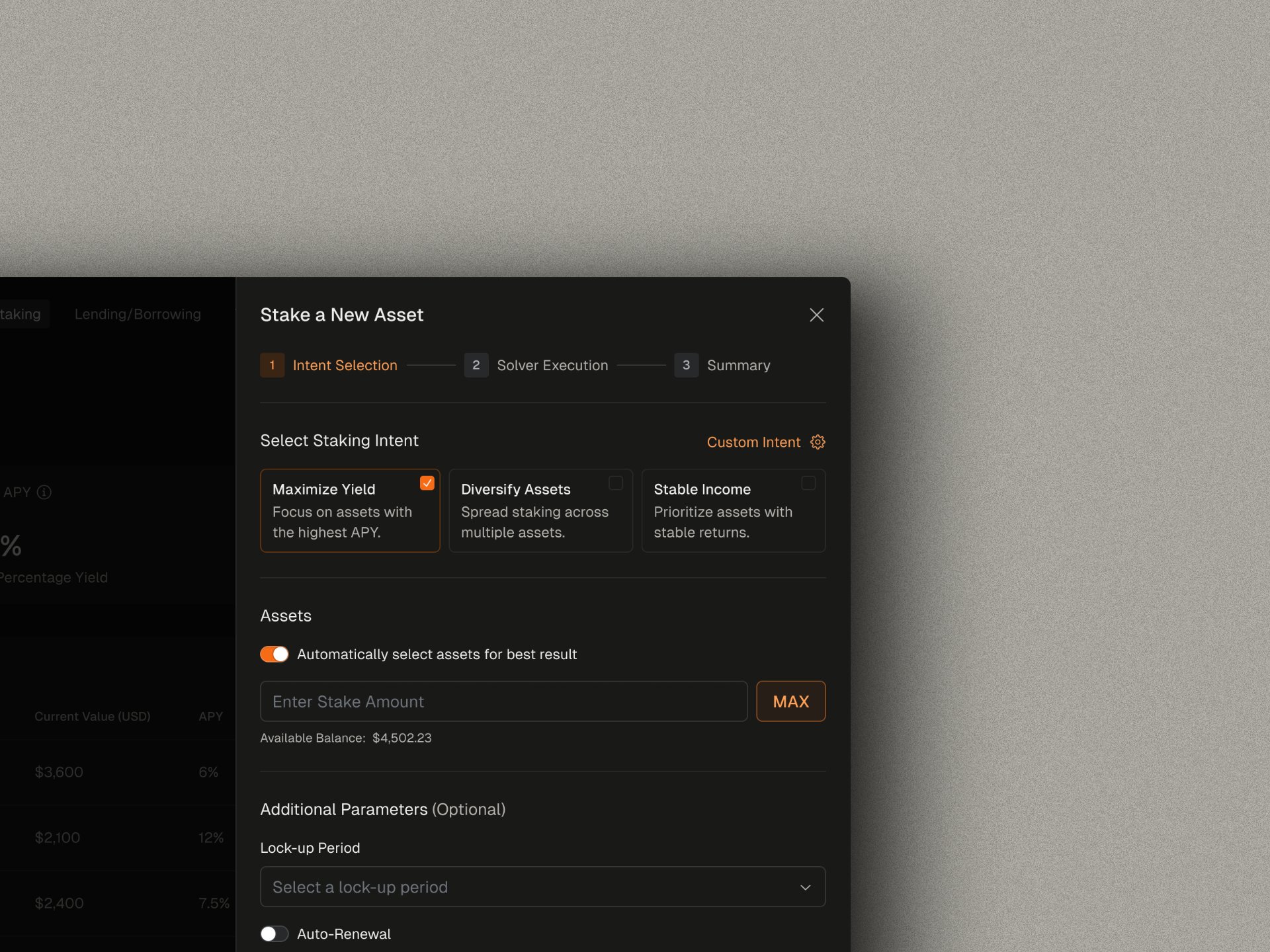 SpoonFi intent selection screen — dark background, centered layout with the headline 'What do you want from staking?' above three large pill-shaped cards: 'Maximize yield' (selected, with a glowing accent border), 'Minimize risk', and 'Fastest unlock'. Each card has a small supporting description below the label. A muted 'Advanced: choose chain manually' link sits below the three cards.