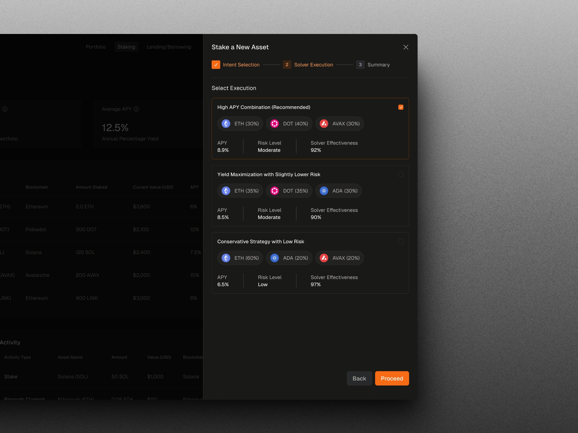 SpoonFi solver options screen — three stacked proposal cards labelled Option 1, Option 2, Option 3. Each card shows: projected APY (e.g. 8.4%, 7.9%, 7.1%), protocols used (e.g. Lido + Rocket Pool), chains (Ethereum + Arbitrum + Base shown as small chain icons), and estimated lock period. Option 1 is highlighted as the recommended choice. A 'Why these options?' disclosure link sits below the cards. A 'Confirm' button is anchored to the bottom of the screen.